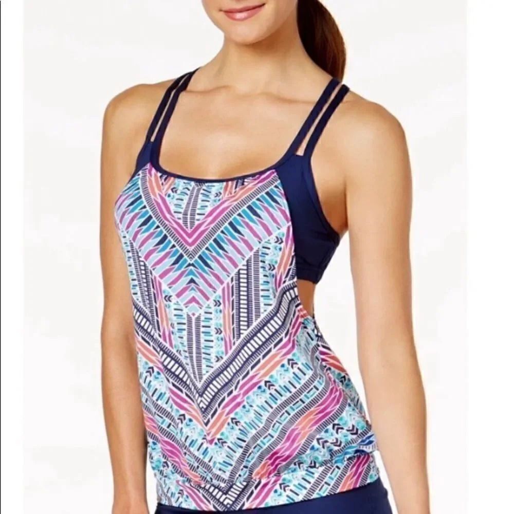 Jag Chevron Cross-Back Tankini Top Pink & Blue Size Medium